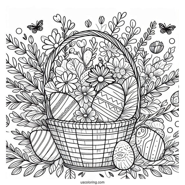 Easter Coloring Page Of Floral Happy Easter Basket With Eggs