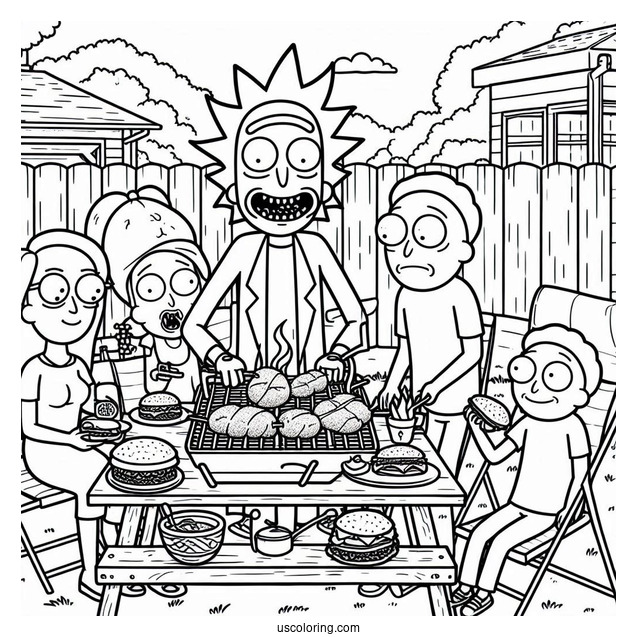 Rick and Morty Coloring Page Of Backyard Barbecue Party With Characters