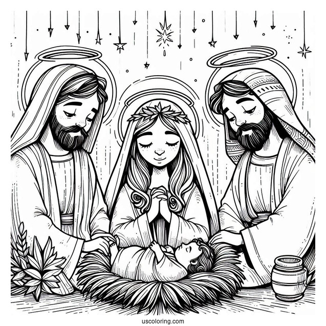 Nativity Coloring Page Of Joseph, Mary, And Jesus With Haloes