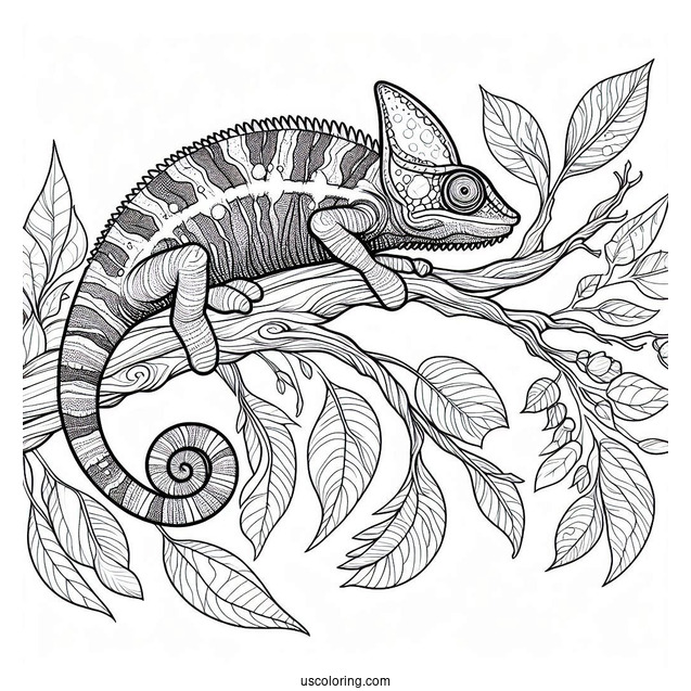 Lizard Coloring Page of Jackson's Chameleon On Tree Branch