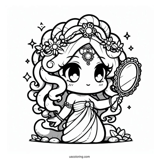 Chibi Medusa Coloring Page Holding Mirror For Kids