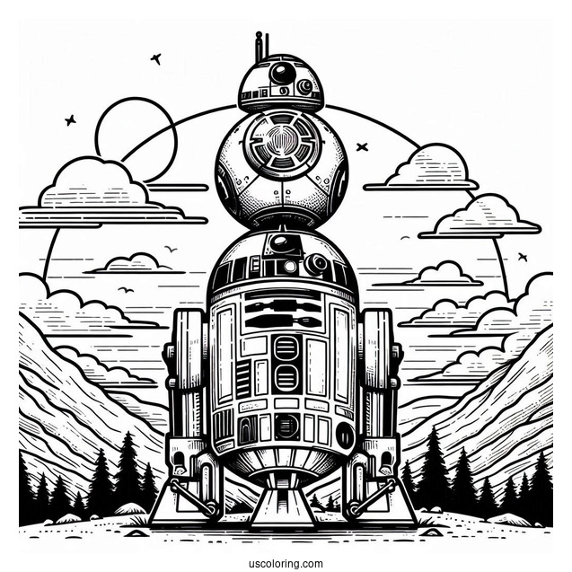BB8 Standing On Top Of R2-D2 Coloring Page