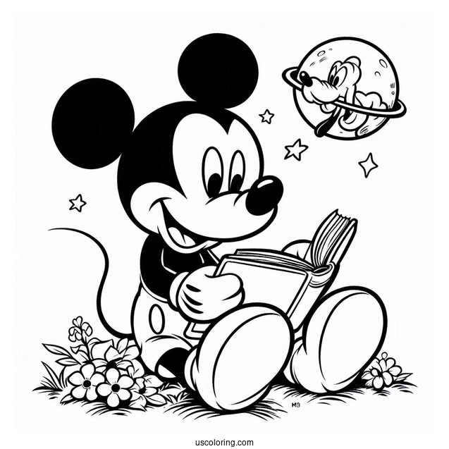 Mickey Mouse Reading A Book To Pluto Coloring Page