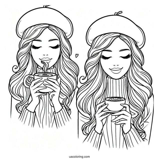 Woman Wearing Beret Drinking Coffee Coloring Page For Kids