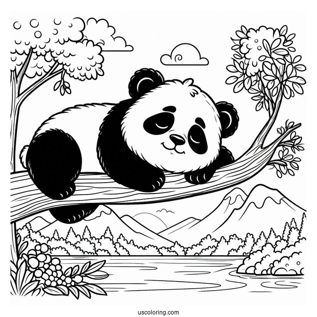 Peaceful Panda Coloring Page Sleeping on a Tree Branch Overlooking a Lake