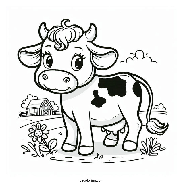 Coloring Sheet Of Cow On a Farm