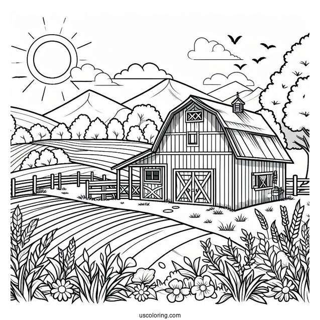 Easy To Color Barn With Fields To Color