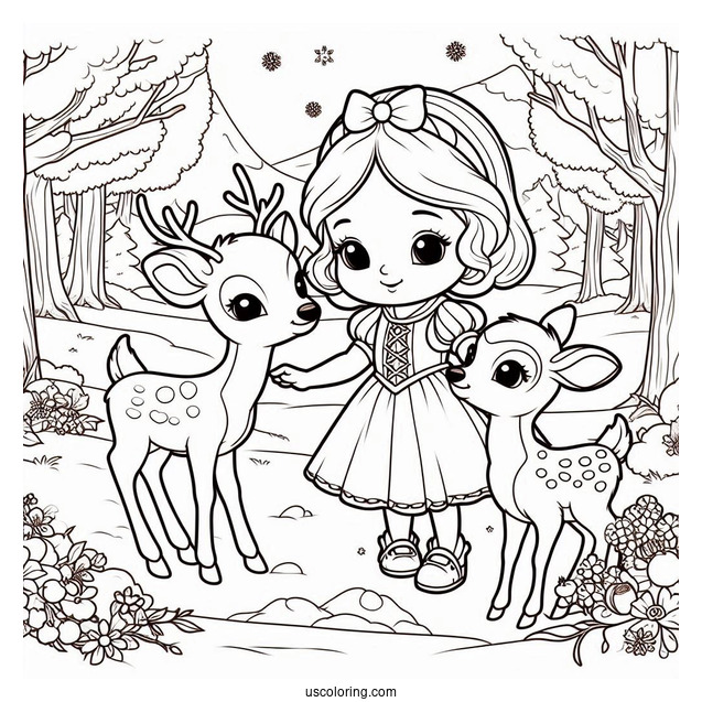 Snow White In Forest With Baby Deer To Color