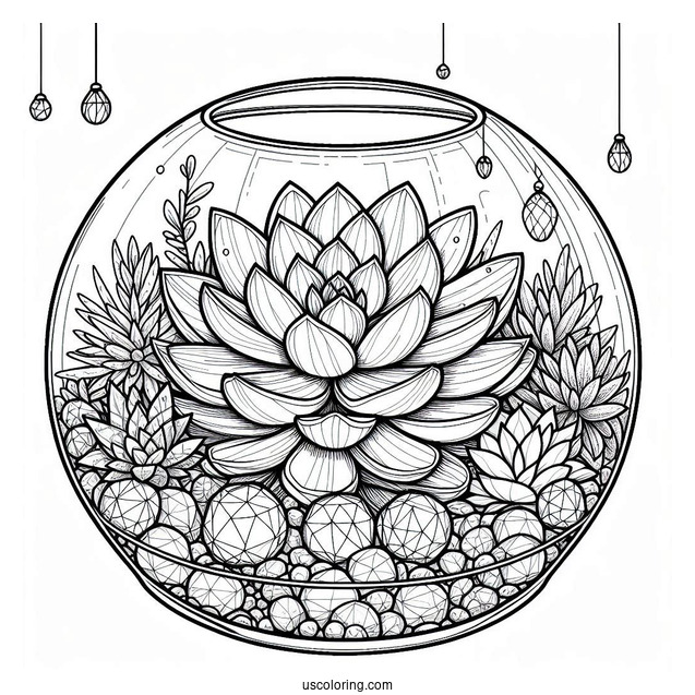 Elegant Succulent Coloring Page Glass Terrarium