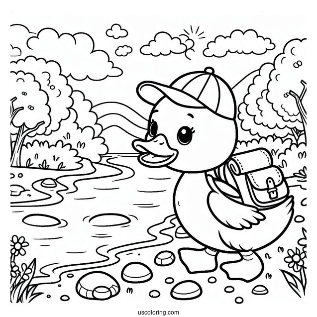 Simple Hiker Duck Next To the River Coloring Page For Preschoolers