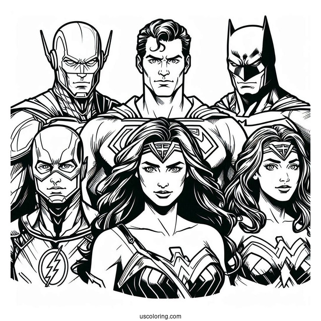Justice League Coloring Page Of Martian Manhunter, Superman, Green Lantern, Wonder Woman, Batman, Aquaman, And The Flash
