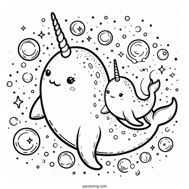 Mama And Baby Narwhal Coloring Page Surrounded By Bubbles