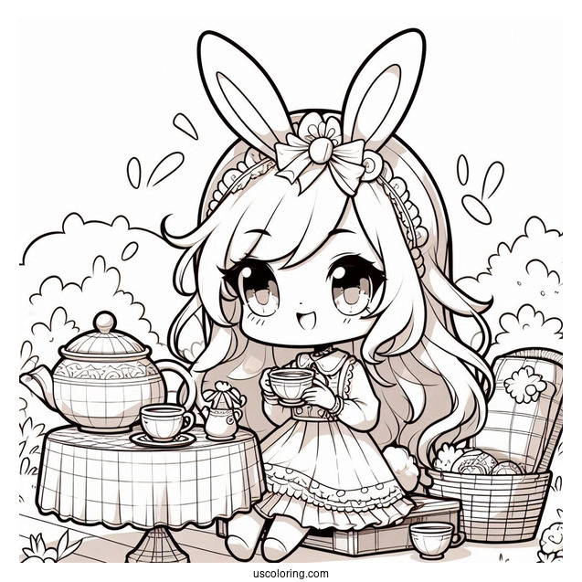 Chibi Coloring Page Girl Wearing Bunny Ears Hosting an Outdoor Tea Party
