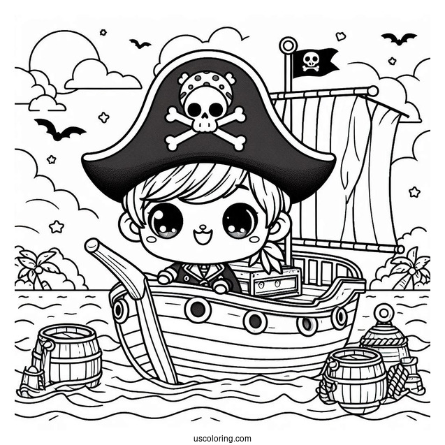Kawaii Pirate On The Deck Of A Pirate Ship Coloring Page For Kids