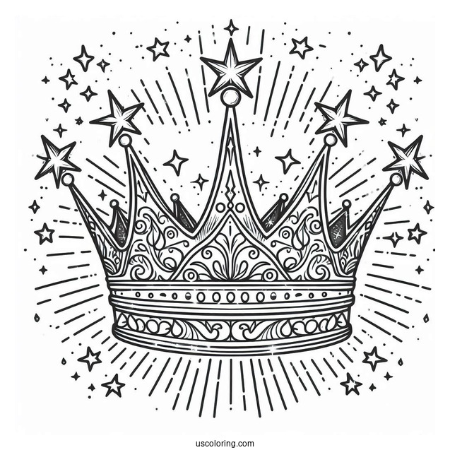 Majestic Crown Coloring Page with Stars and Light Beams