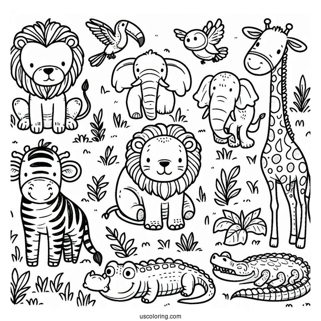 Jungle Coloring Page Of Cute Lion, Buffalo, Crocodile, Zebra, Toucan, Elephant, Giraffe, And Monkey