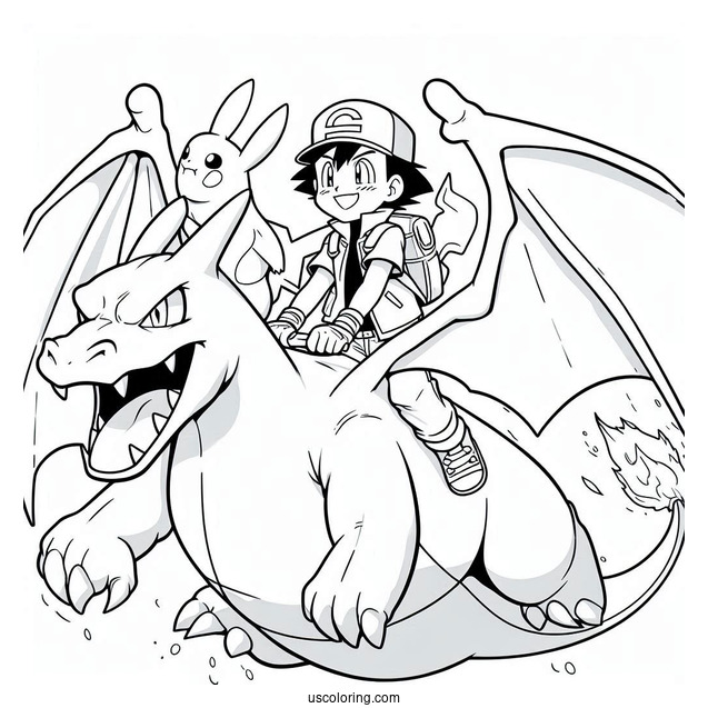 Coloring Sheet Of Ash And PIkachu Riding Charizard