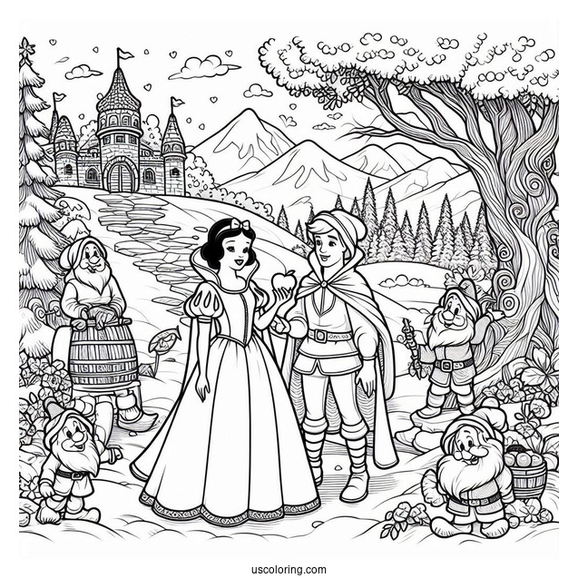 Snow White, The Prince, And Seven Dwarfs To Color