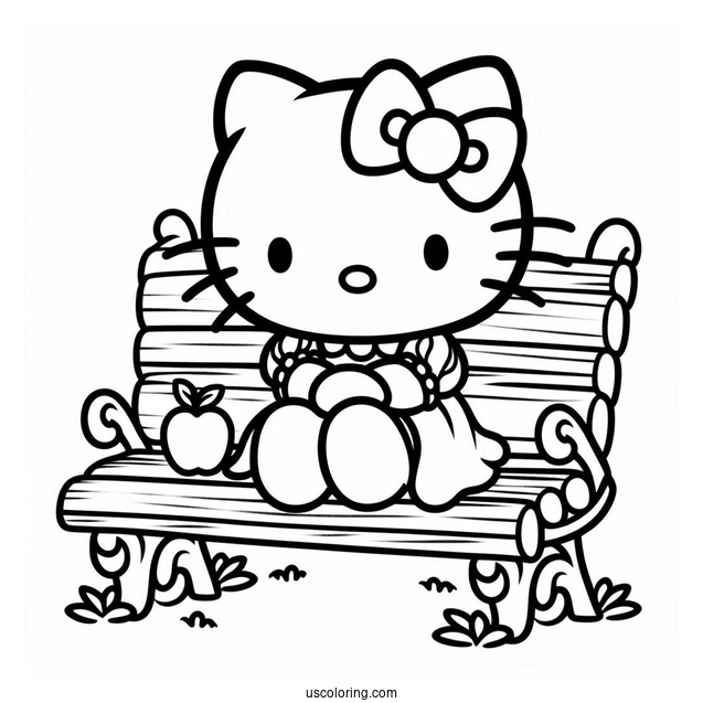 Hello Kitty Sitting On A Bench With Snow White Coloring Pages