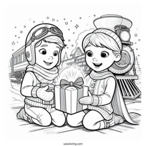 Polar Express Coloring Page Of Hero Boy And Sister Opening A Present