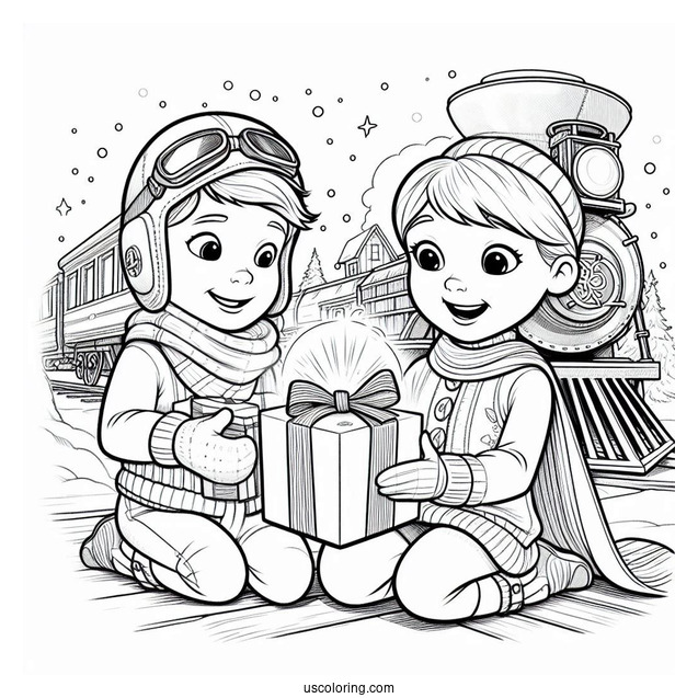 Polar Express Coloring Page Of Hero Boy And Sister Opening A Present