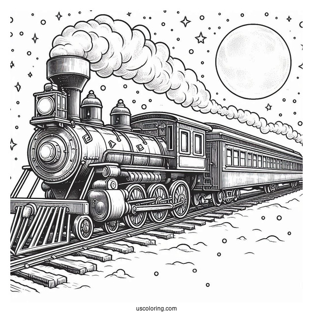 Detailed Polar Express Coloring Page Of Train In A Snowy Night