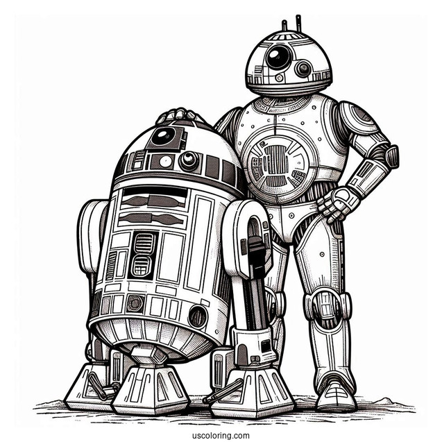 BB8 Standing On Top Of R2-D2 Coloring Page