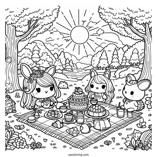 Chibi Coloring Page Tea Party in a Sunny Forest Meadow with Animal Friends