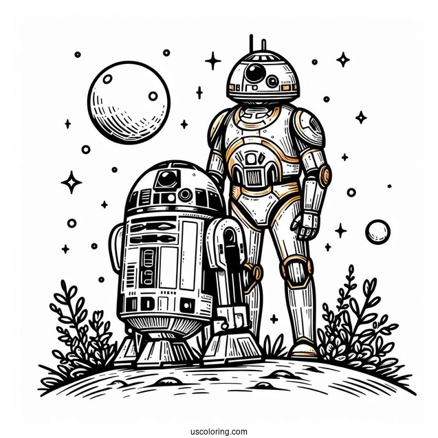 BB8 Standing On Top Of R2-D2 Coloring Page