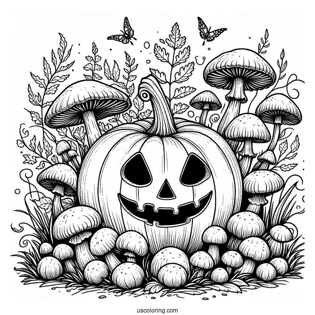 Pumpkin Coloring Page Of Creepy Jack O Lantern Surrounded By Mushrooms In The Garden