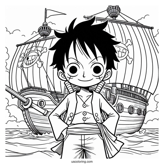 Luffy Coloring Page In Iconic Pose Standing In Front Of Going Merry Ship