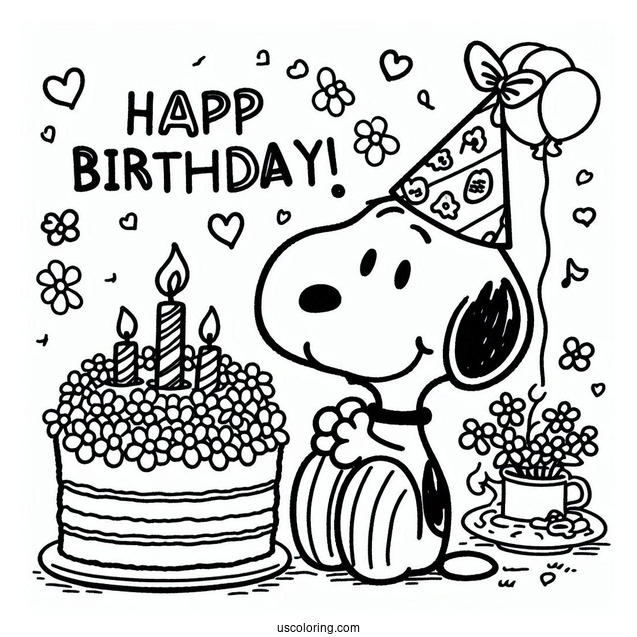 Snoopy With Happy Birthday Cake To Color