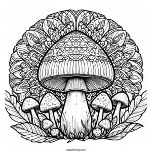 Mushroom Coloring Page In Front Of A Mandala