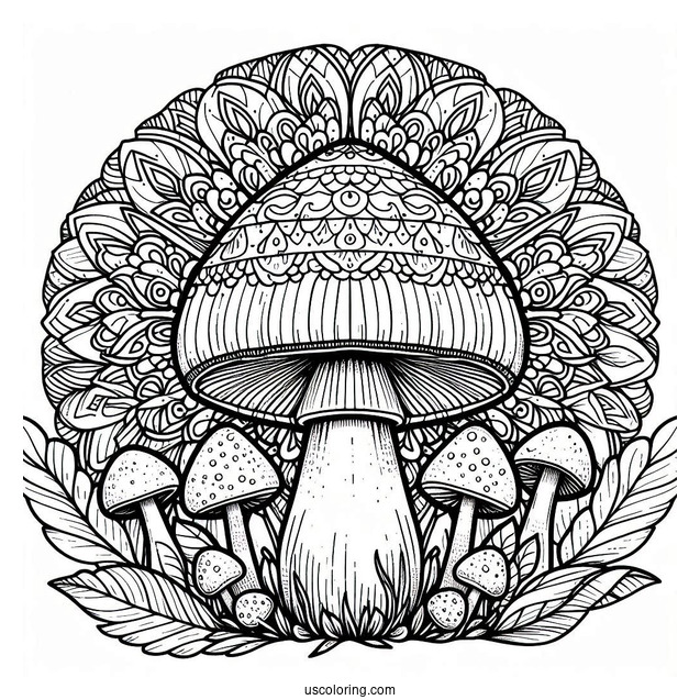 Mushroom Coloring Page In Front Of A Mandala