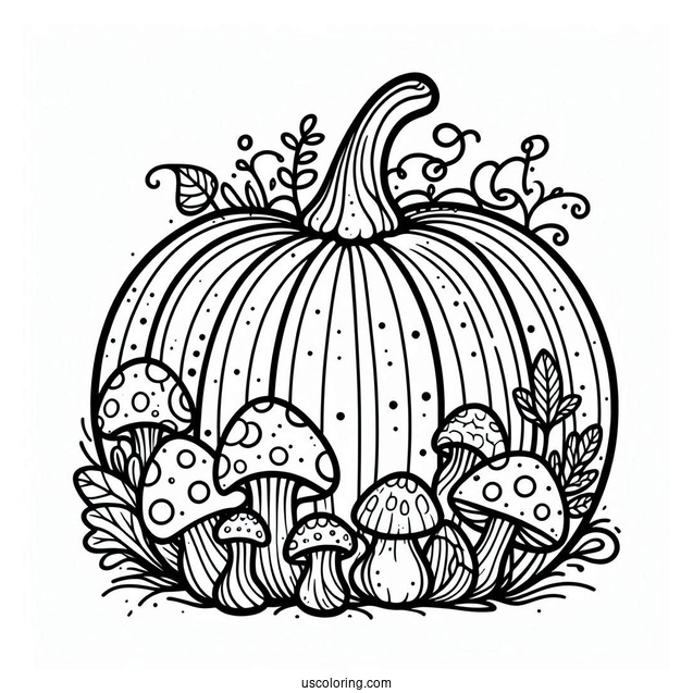 Simple Pumpkin Coloring Page With Mushrooms For Kids