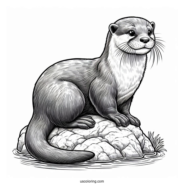 Realistic Otter Coloring Page Sitting On Rock