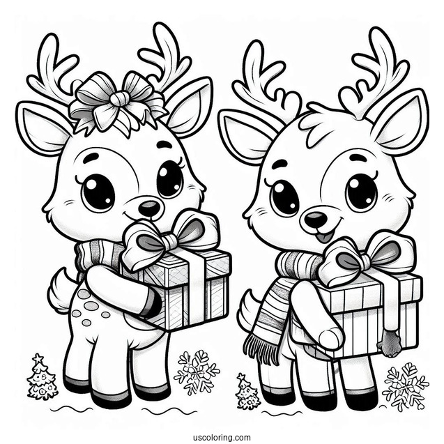 Happy Reindeer Holding a Christmas Gift To Color