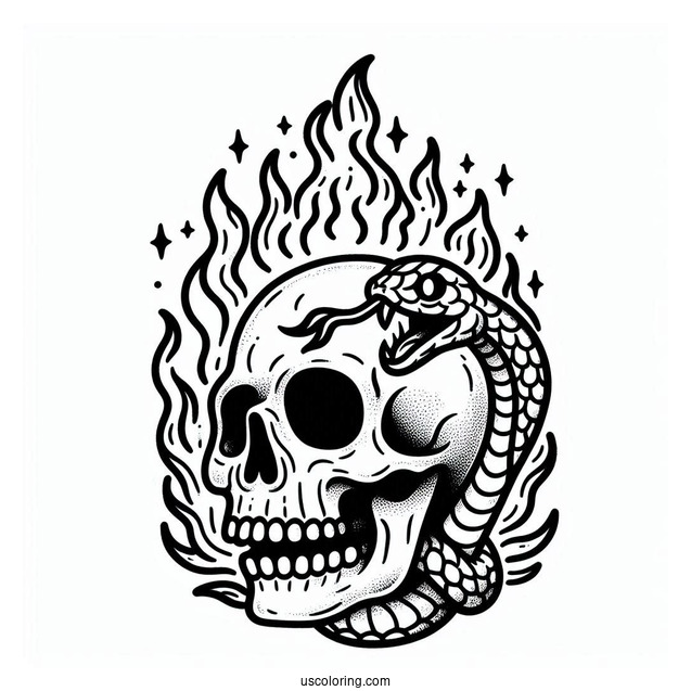 Flaming Skull With Snake