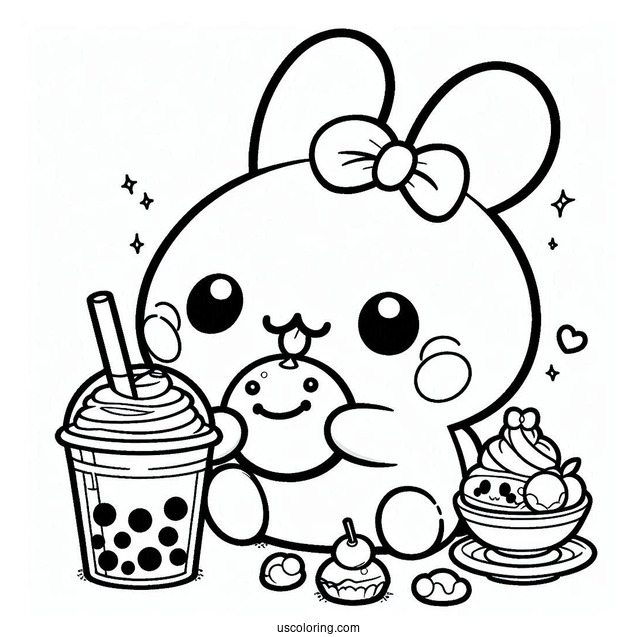 Pochacco Coloring Page Eating Sweets With Choppy On Top Of Boba Tea
