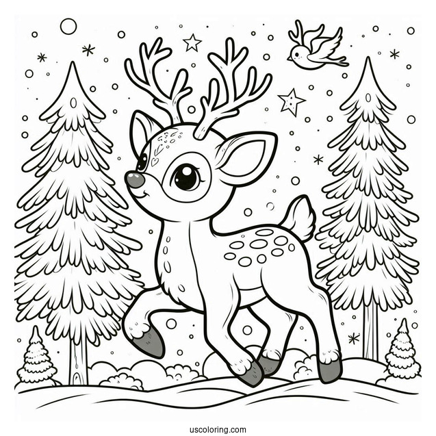 Rudolph Coloring Page In a Forrest