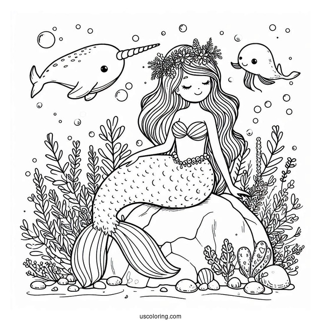 Mermaid Sitting On A Rock With Narwhal Coloring Page Underwater