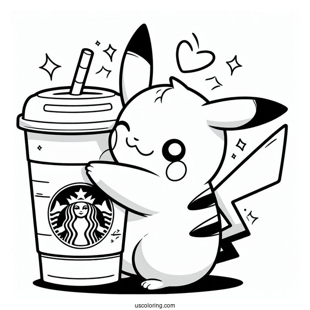 Pikachu Hugging A Starbucks Coloring Page Coffee For Kids
