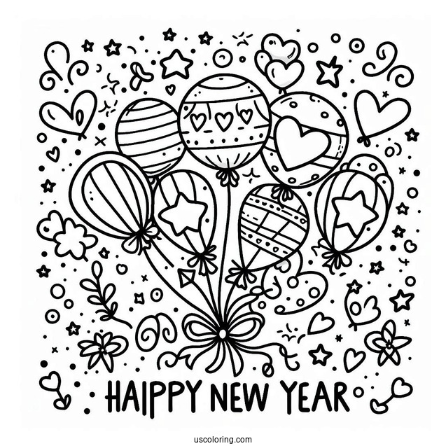 Happy New Year Coloring Page Of Balloons With Love Hearts And Stars