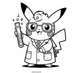 Science Coloring Page Of Scientist Pikachu Holding Up A Test Tube For Kids