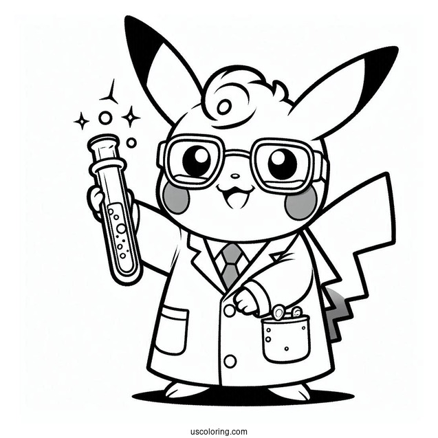 Science Coloring Page Of Scientist Pikachu Holding Up A Test Tube For Kids