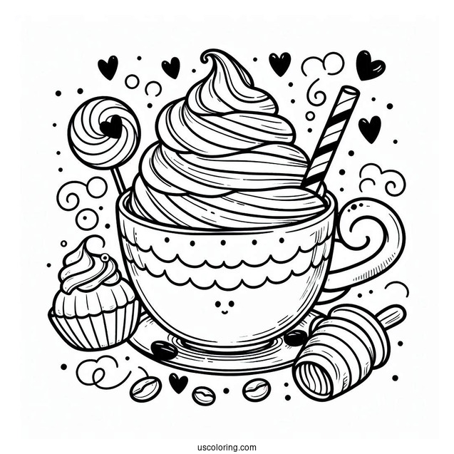 Coffee Coloring Pages With Whipped Cream And Syrup In Cute Cup