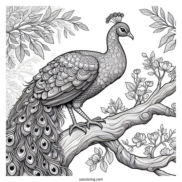 Realistic Peacock Coloring Page on Tree Branch in Forest For Adults