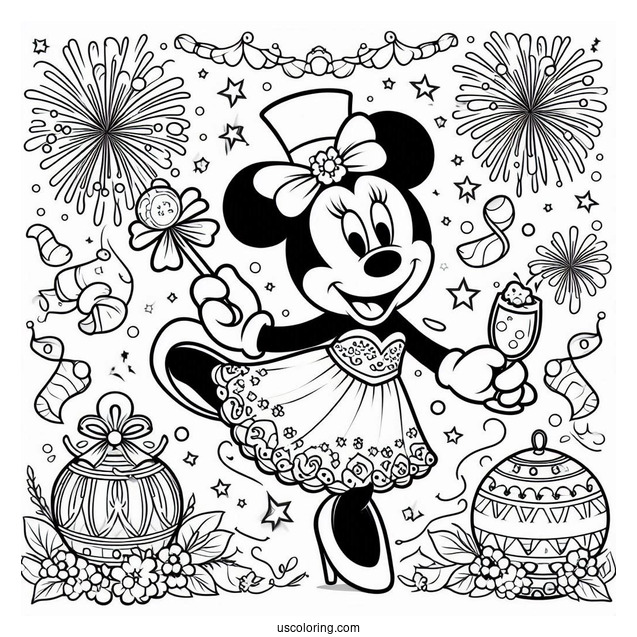 Mickey Mouse Dancing Under Happy New Years Eve Coloring Page For Kids