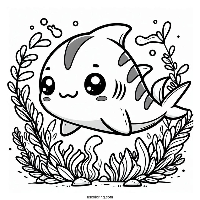 Chibi Shark Coloring Page With Seaweed