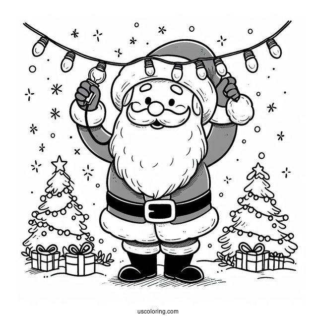 Jolly Santa Haning Up Christmas Lights To Color